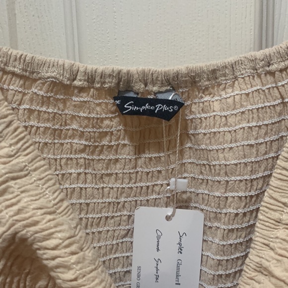 Simplee Plus Size 2X Women Smocked Bodycon Off Shoulder Puff Oatmeal Midi Dress - Picture 5 of 8